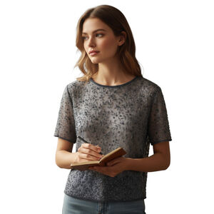 Papell Boutique VTG 80s 90s Evening Blouse Top XL Gray Silk Occasion Event Glam